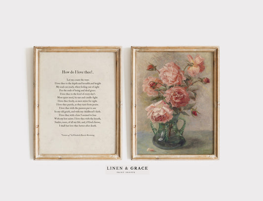 Romantic Vintage Set / Valentines Art Gift/ Vintage Flowers / Still Life Oil Painting / Sonnet / Poetry / Vintage Art PRINTABLE